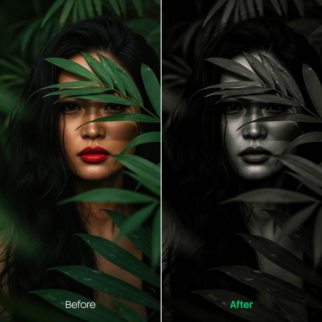 Before and after BW Portraits Green Lightroom preset edit