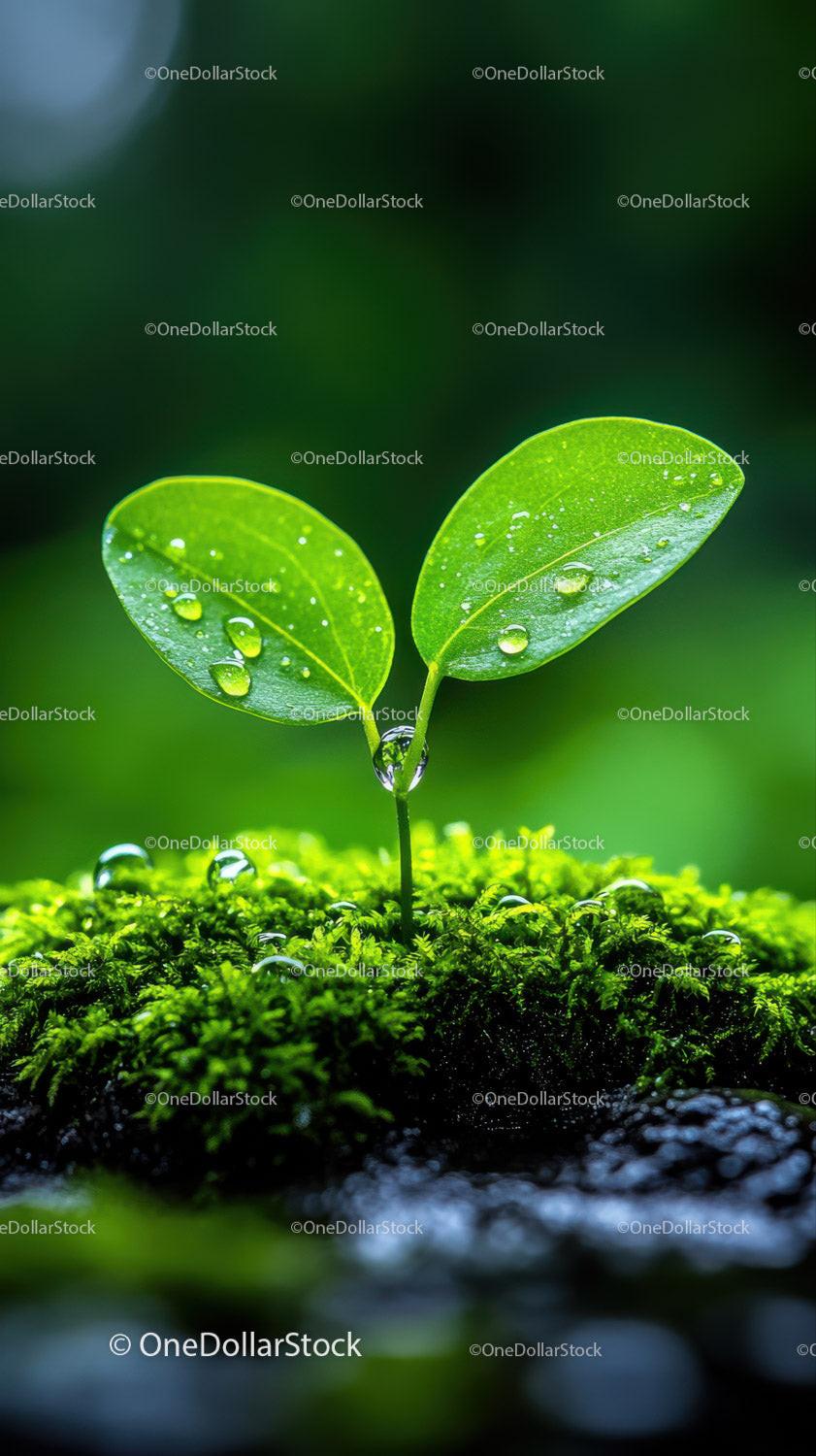 Fresh Green Seedling with Dew Drops in Natural Soil Landscape Stock Photo Bundle preview 25