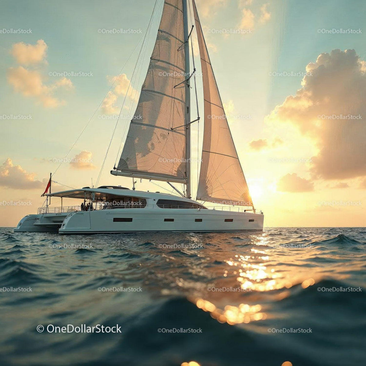 Luxury Sailing Yacht on Calm Ocean at Sunset with Golden Sky