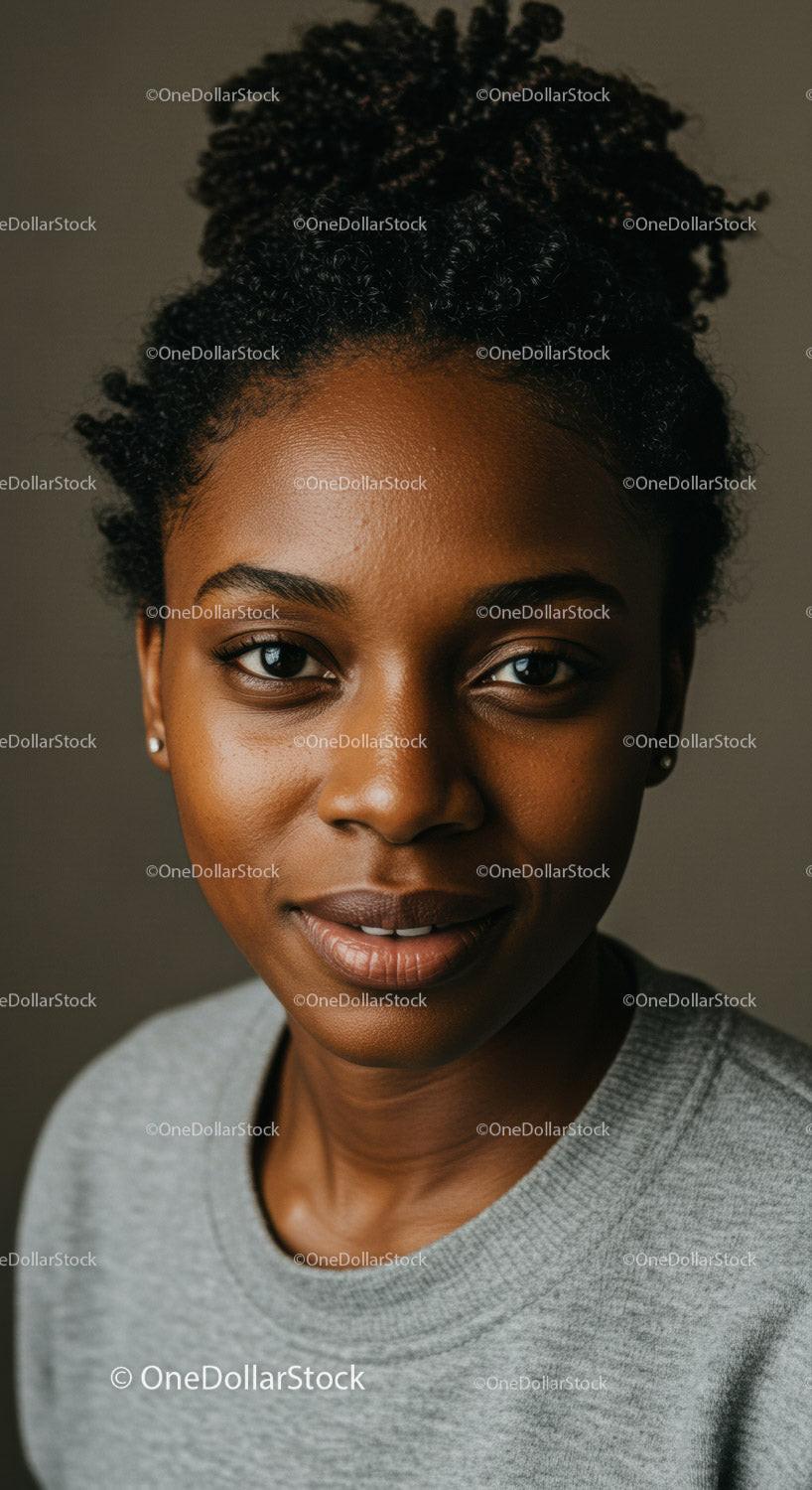 Young woman with natural curly hair smiling softly