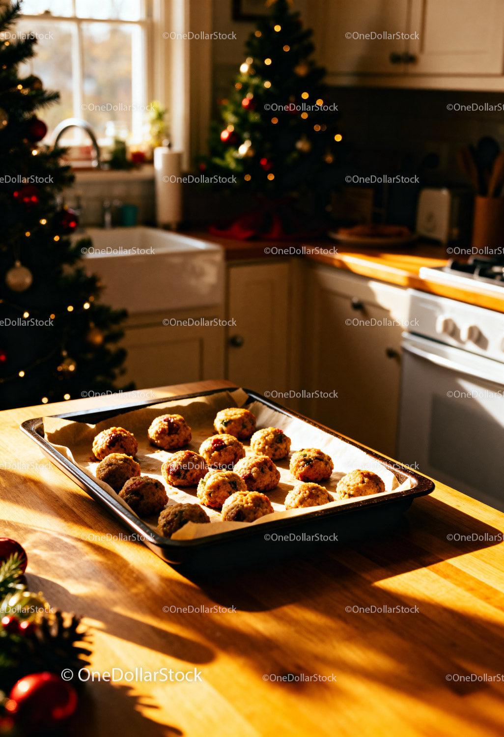Holiday Baking in Cozy Kitchen with Christmas Tree