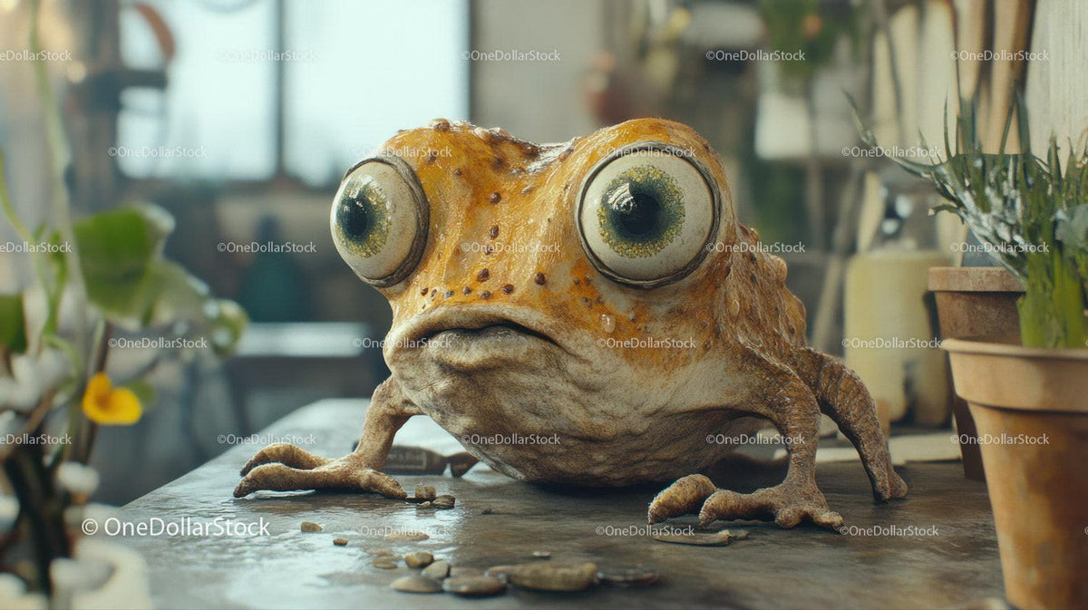 Wide-eyed frog sitting on wooden table near green potted plants indoors