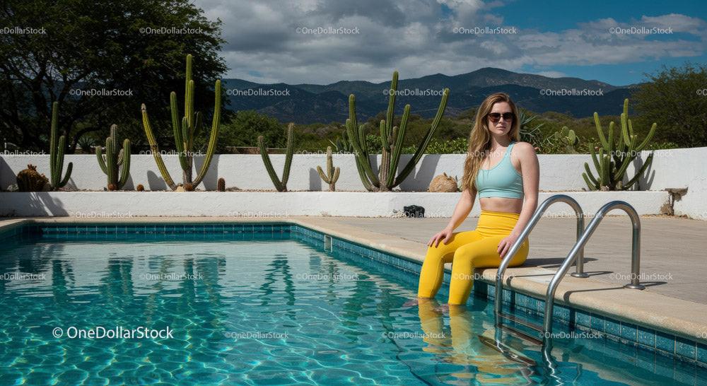 Trendy Young Woman Relaxing by the Vibrant Swimming Pool Stock Photo Bundle preview 5