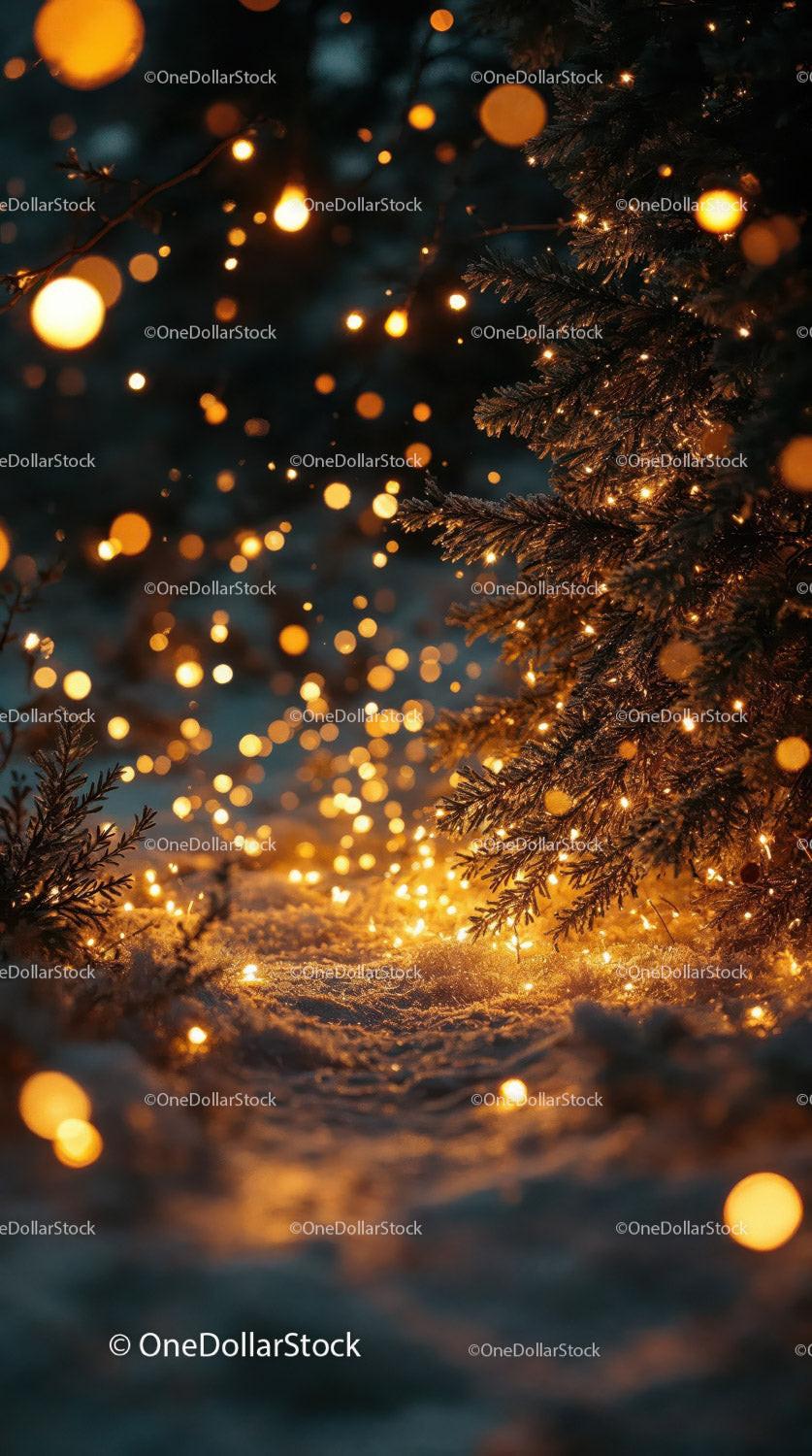 Winter Forest Path Illuminated by Warm Fairy Lights