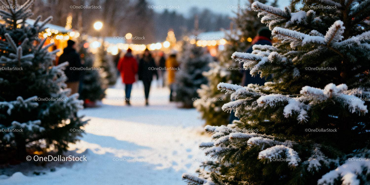 Snow covered fir trees in winter holiday market