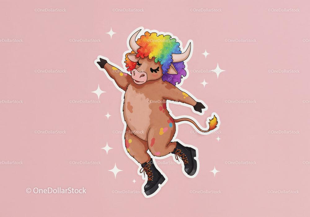 Cartoon brown bull with rainbow afro and black boots on pink background with stars