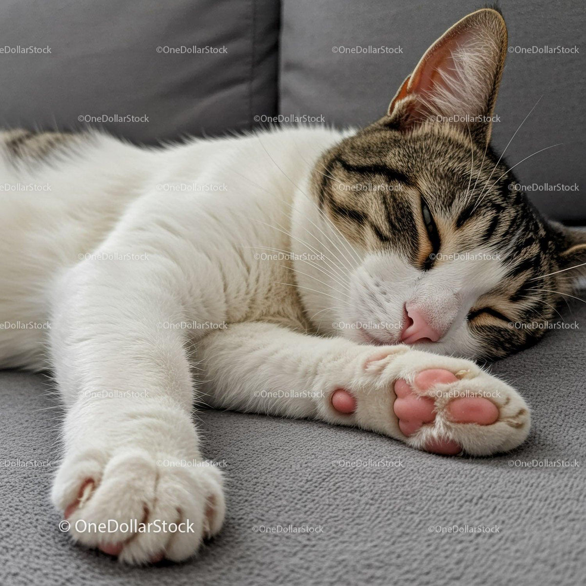 Domestic cat peacefully sleeping on gray sofa