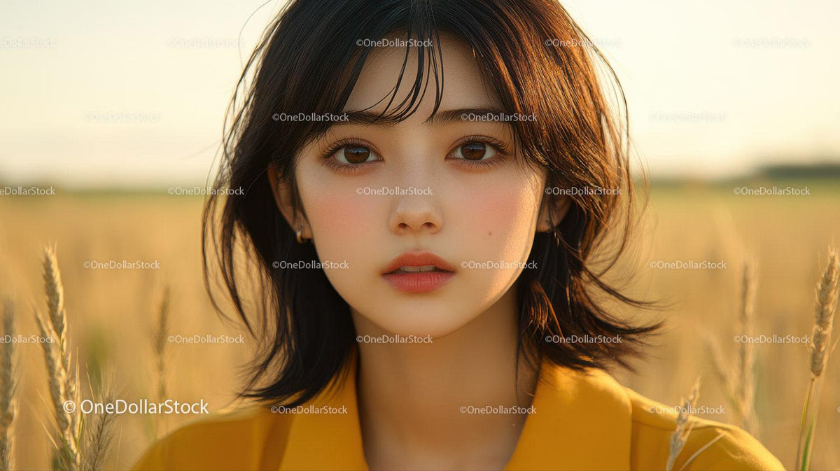 Close-up of young woman with dark hair and brown eyes in golden field wearing yellow garment