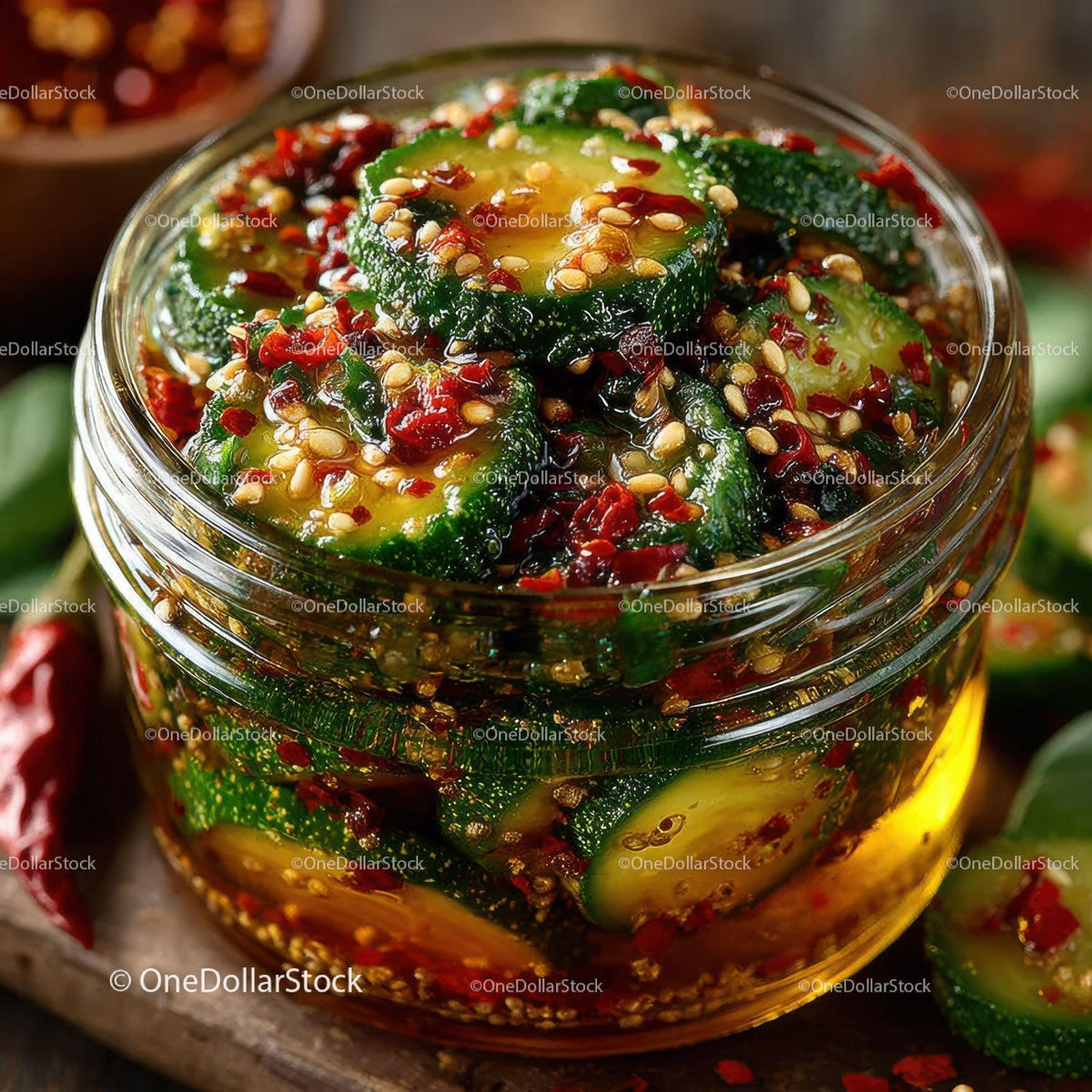 Vibrant Spicy Cucumber Kimchi in Glass Jar with Fresh Vegetables Stock Photo Bundle preview 6