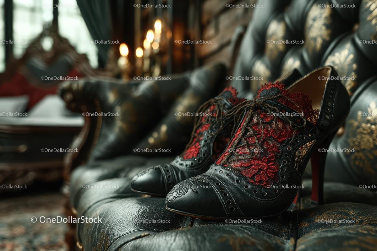 Chic Black Heels and a Red Lace Dress in a Cozy Bedroom Setting Stock Photo Bundle preview 61