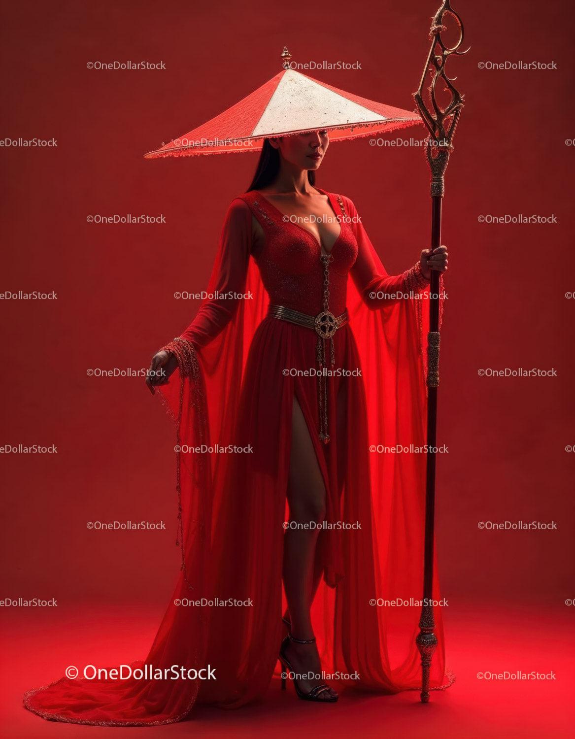 Elegant Woman in Red Dress with Accessories Against Red Background Stock Photo Bundle preview 10