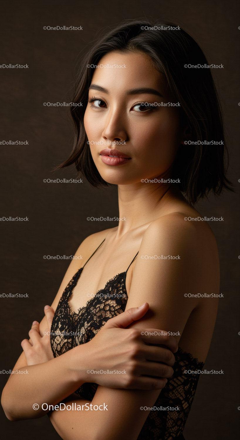 Elegant Young Woman in Black Lace Dress Portrait with Confident Expression