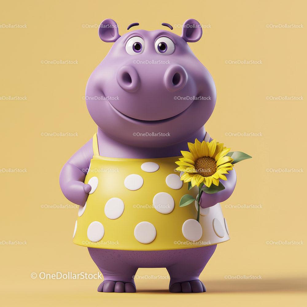 Cute Cartoon Hippo Holding Sunflower in Yellow Dress for Kids Illustration Stock Photo Bundle preview 22