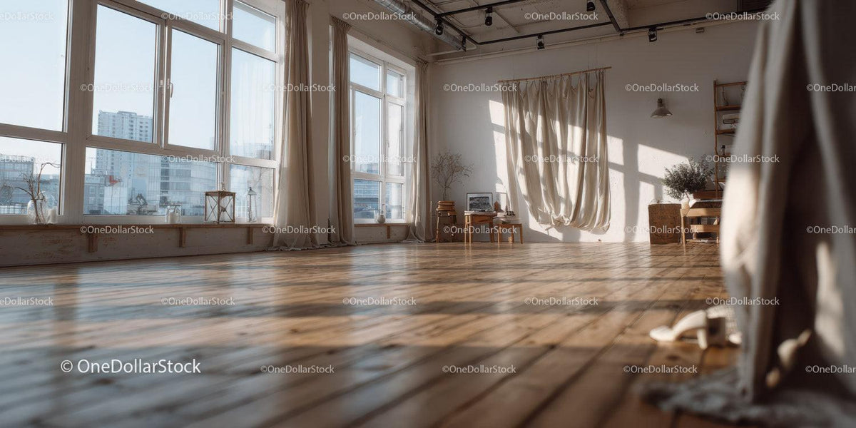 Bright Sunlit Spacious Room with Wooden Floor and Large Windows