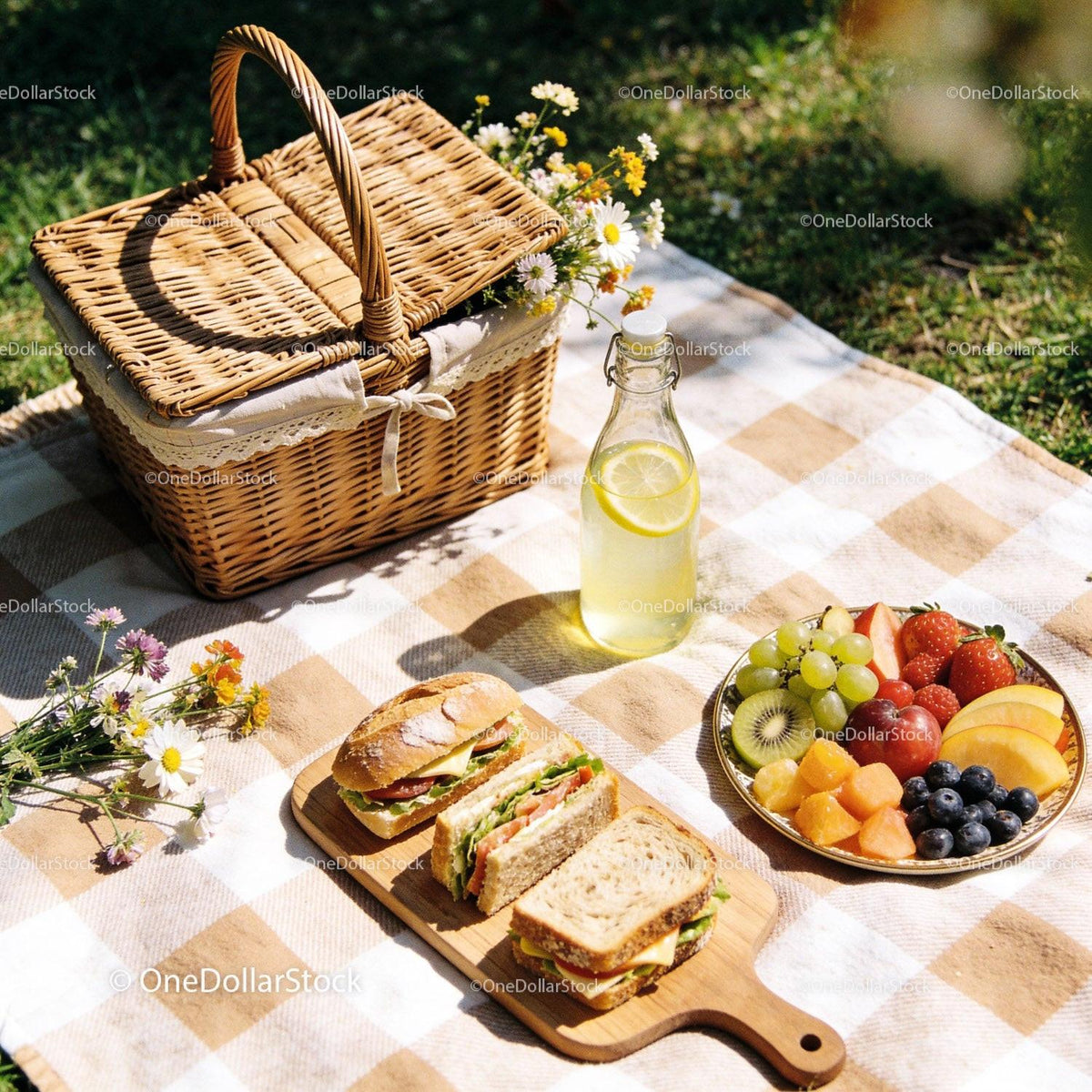Outdoor picnic with fresh sandwiches and fruit platter