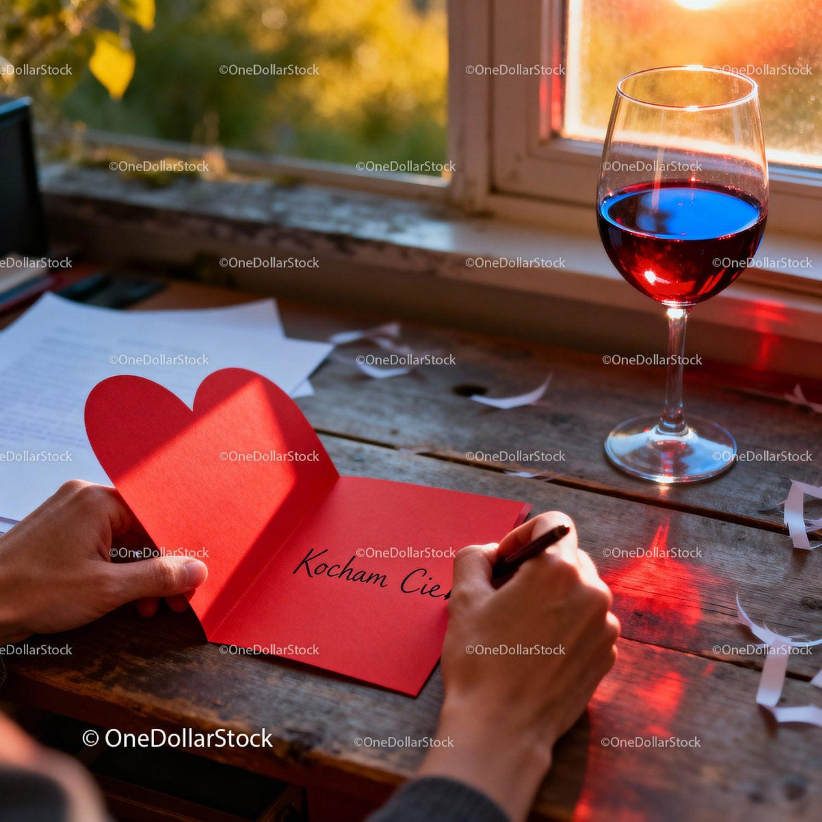 Writing a heartfelt love message on red heart card