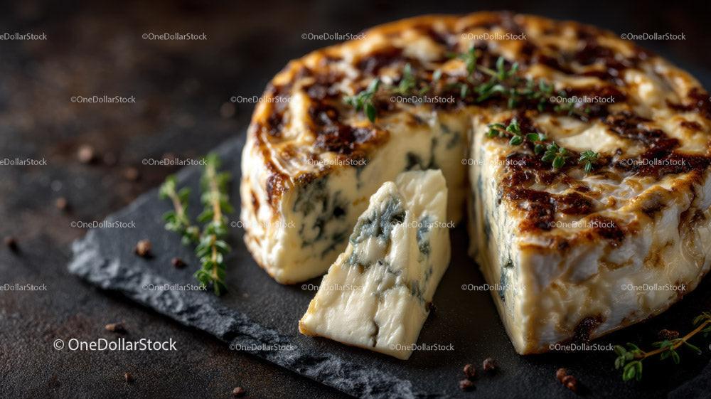 Artisan Blue Cheese Wheel on Dark Rustic Surface in Gourmet Food Setting Stock Photo Bundle preview