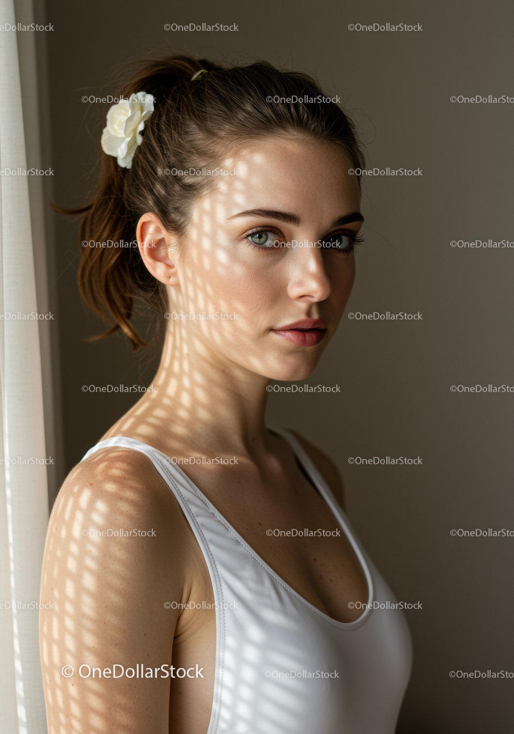 Portrait of a Young Woman with Sunlight Shadow Pattern and Green Eyes