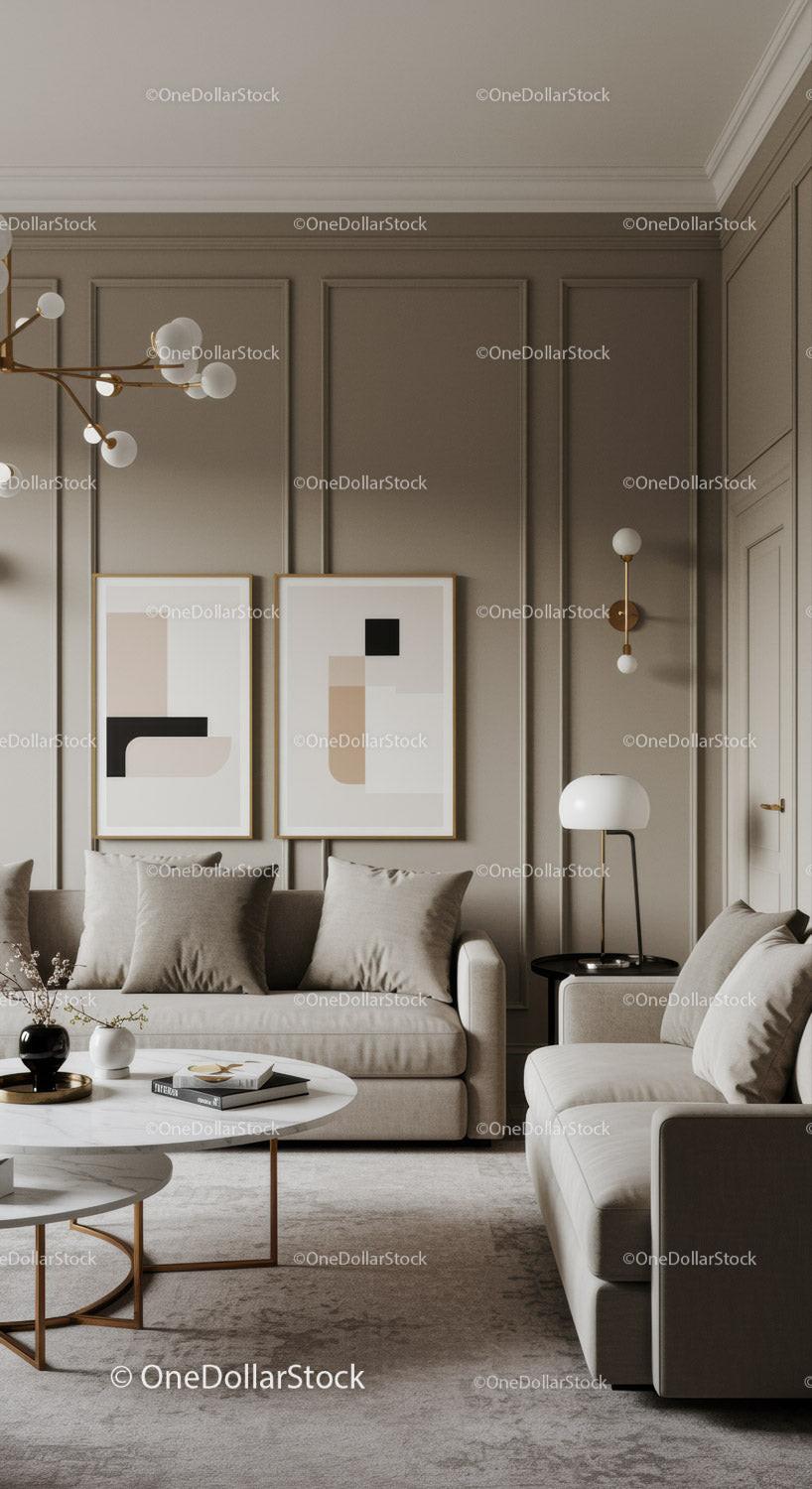 Elegant Contemporary Living Room with Beige Sofa and Wall Art