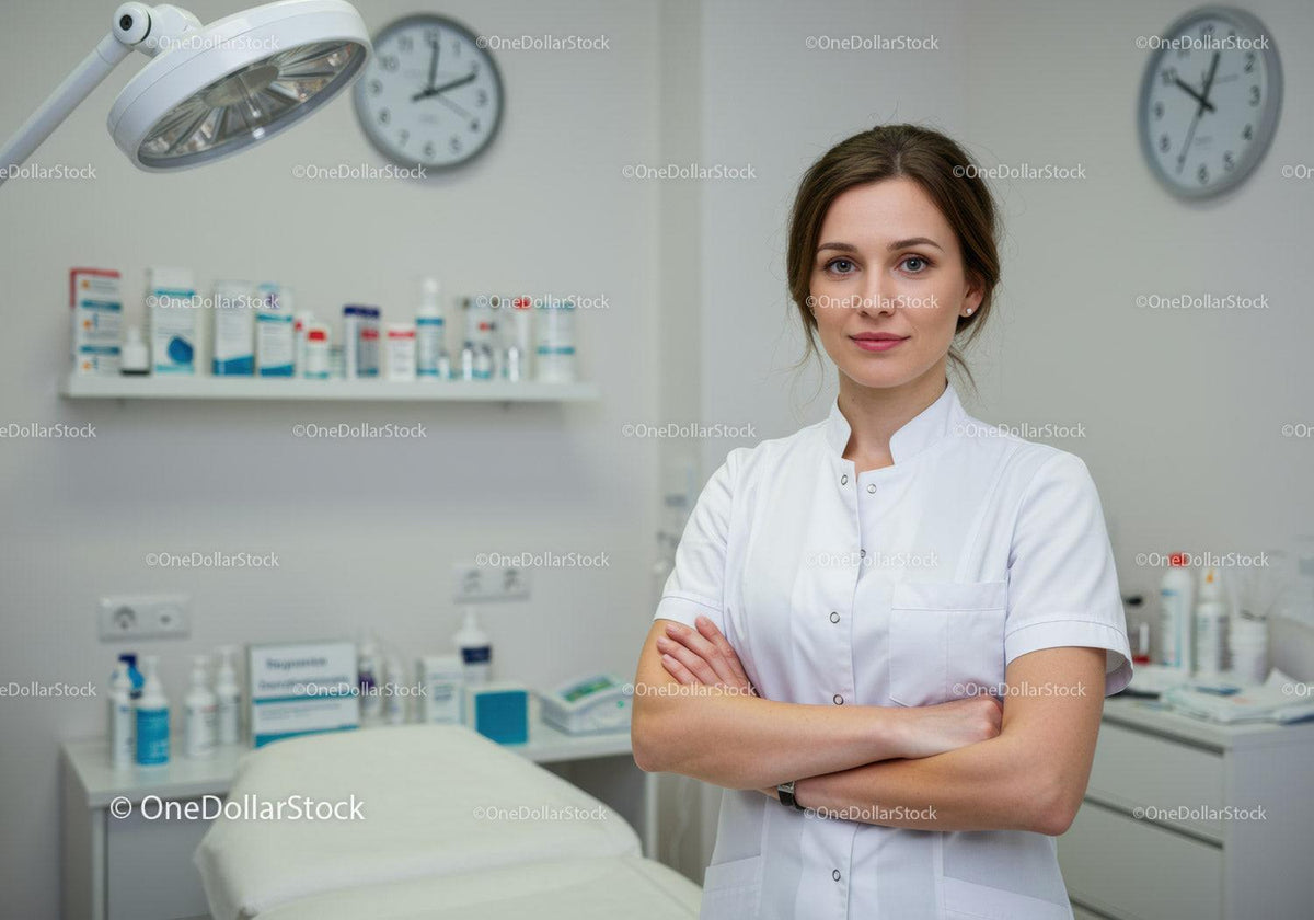 Professional Female Healthcare Worker Standing in Modern Medical Clinic