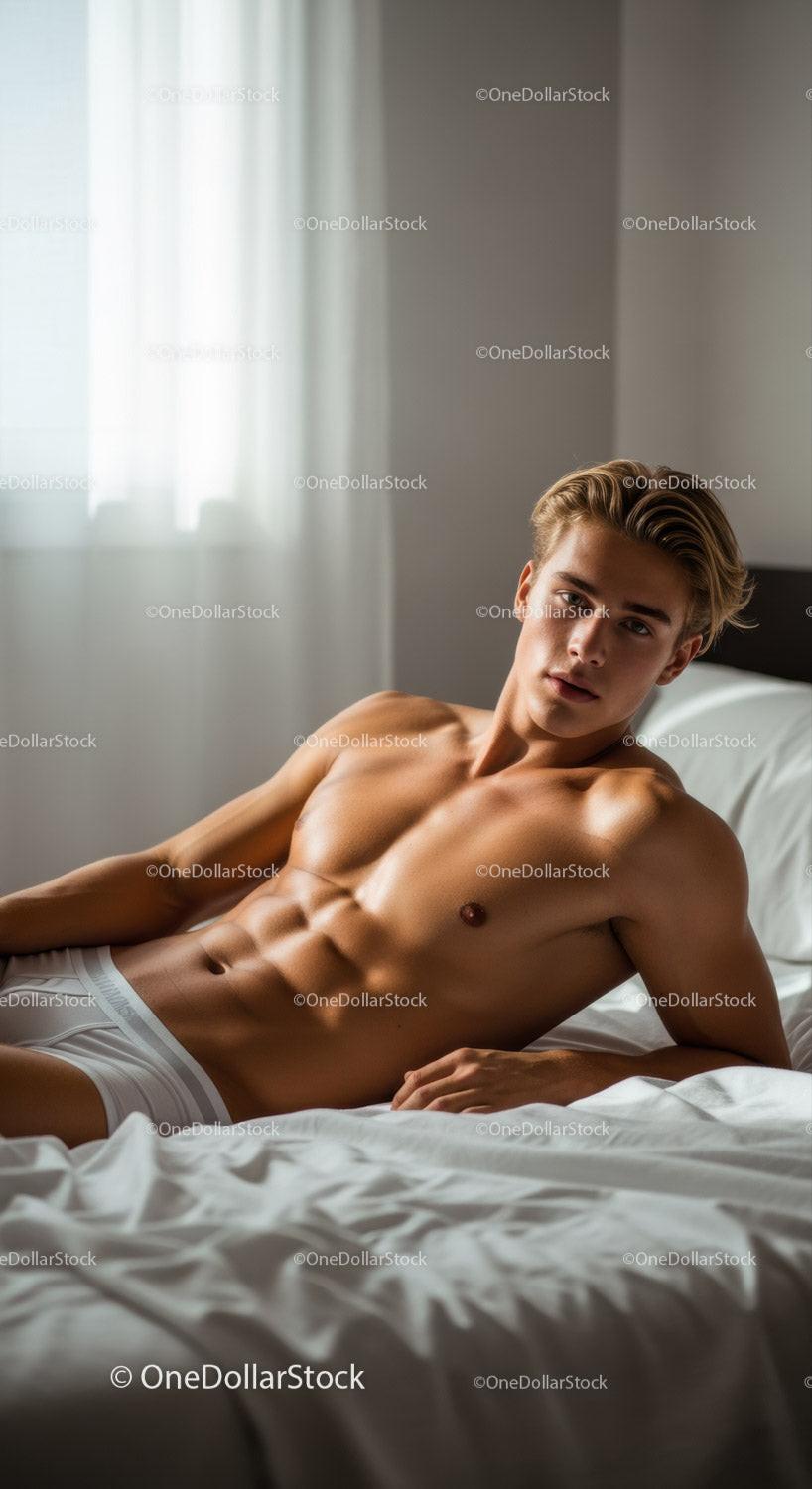 Young man resting on bed in soft natural light