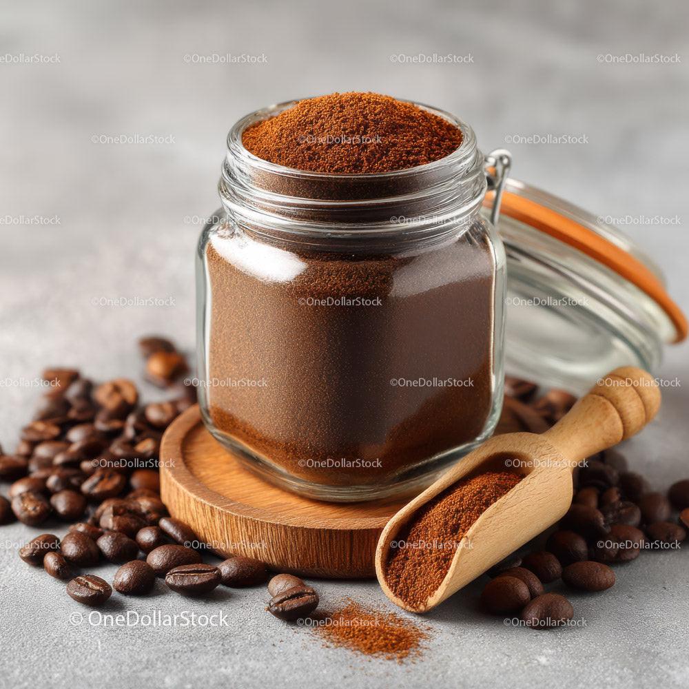 Ground Coffee in Glass Jar With Coffee Beans and Wooden Scoop