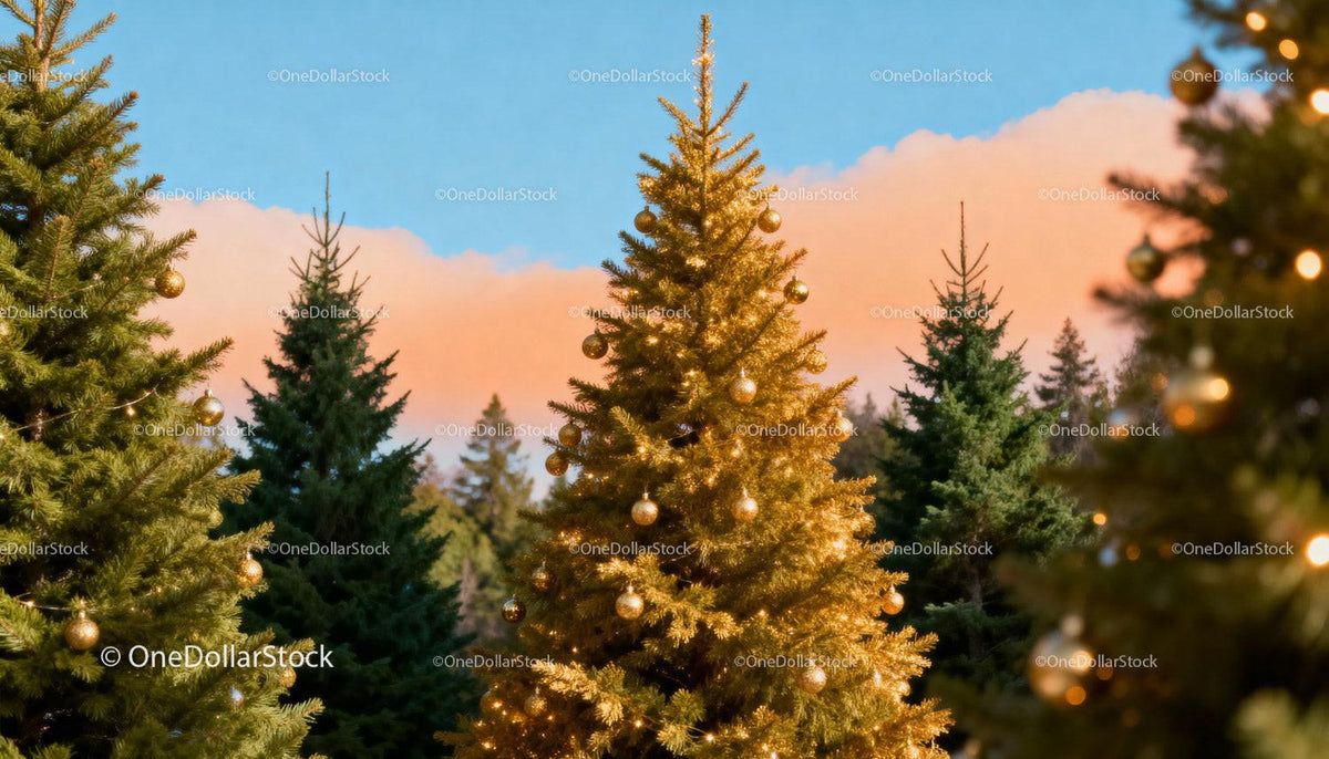 Christmas tree farm at sunset with golden decorations