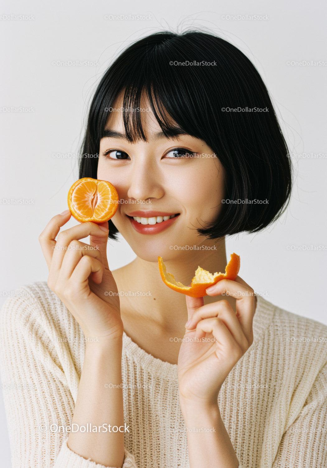 Smiling Woman with Short Black Hair Holding Slices of Fresh Tangerine