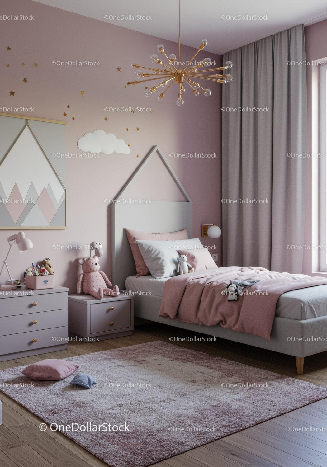 Cozy Pastel Pink Children's Bedroom with Plush Toys and Modern Decor