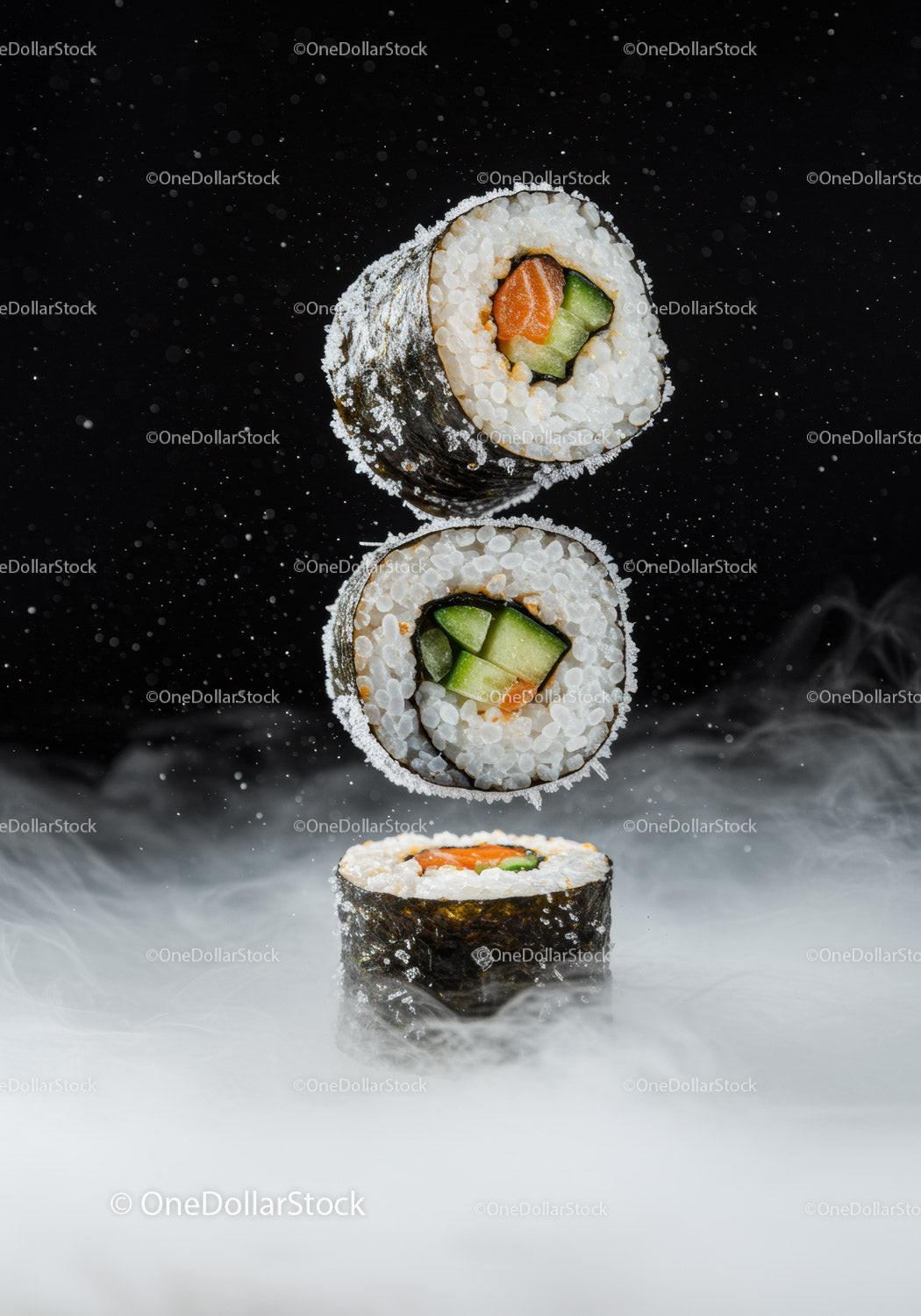 Fresh sushi rolls floating above misty surface