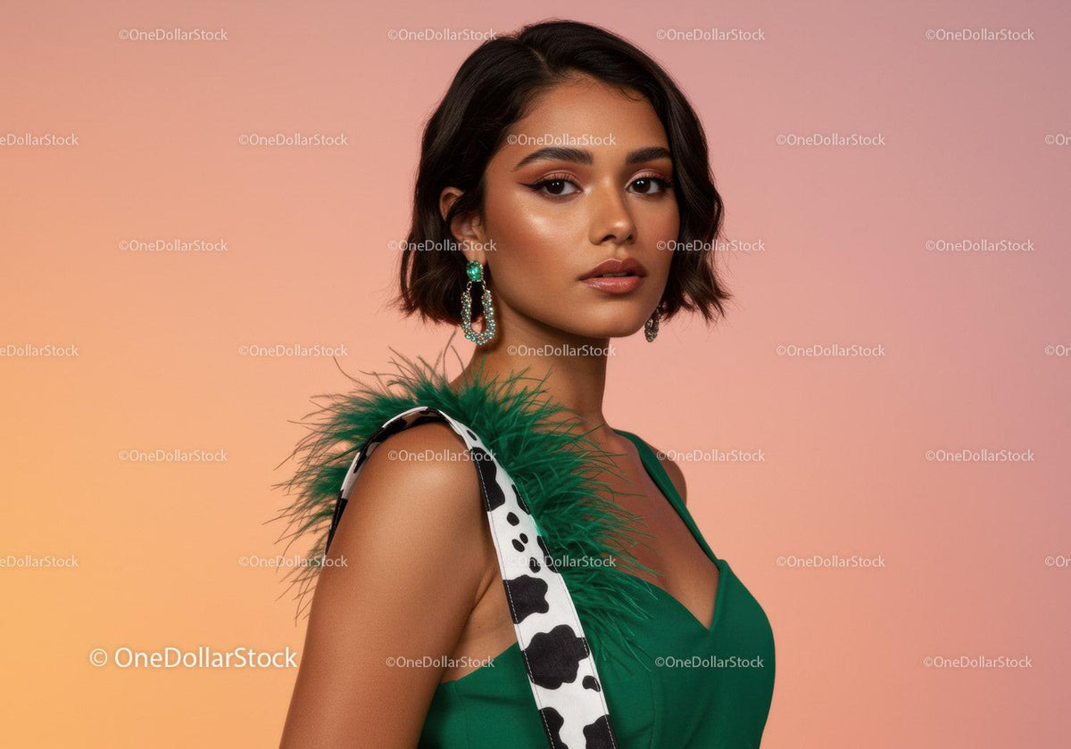 Elegant Woman in Green Dress with Statement Earrings Against Colorful Background
