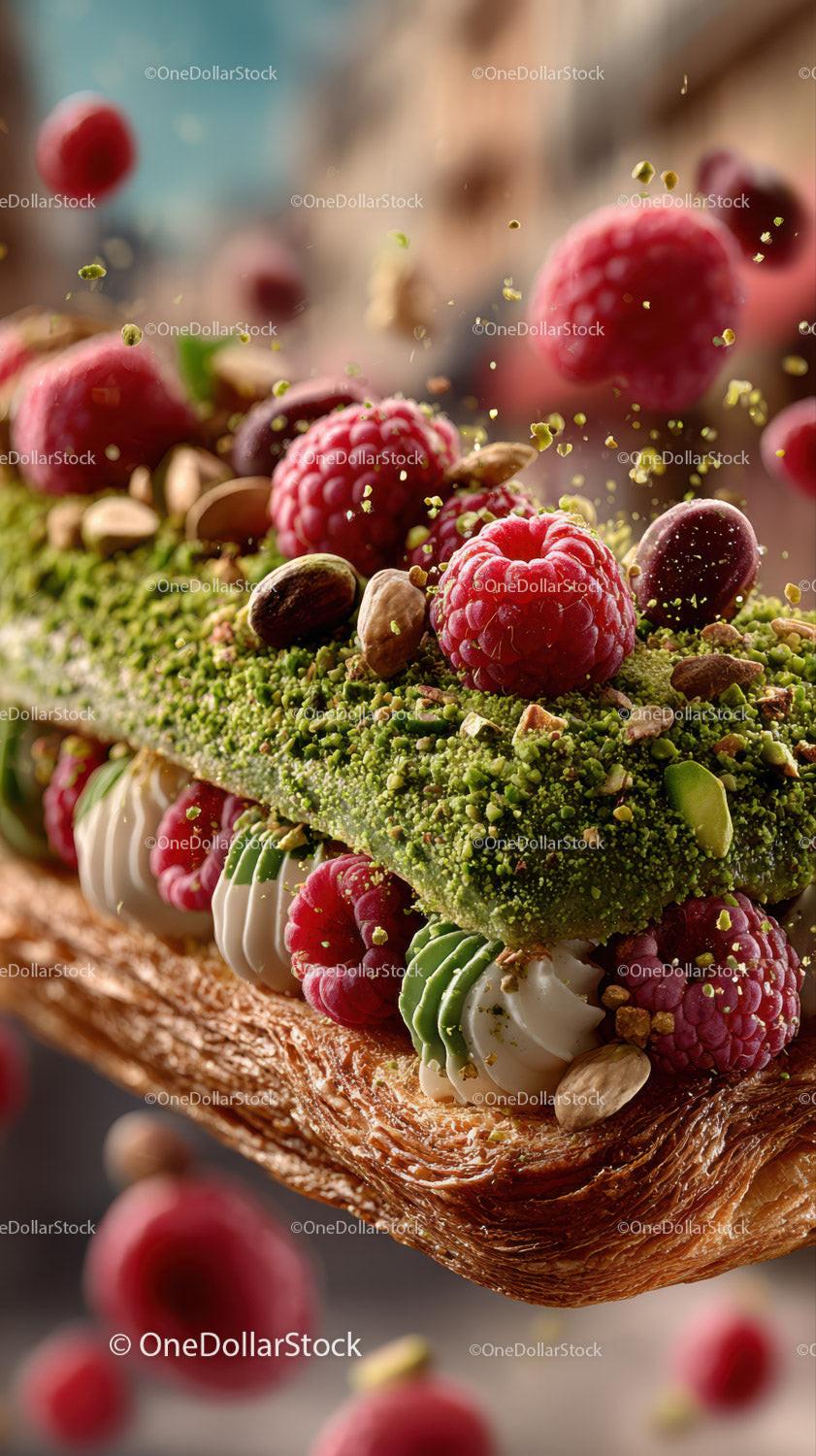 Decorative Raspberry and Pistachio Tart with Green Matcha
