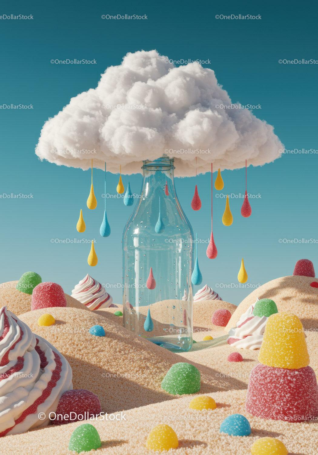 Whimsical Candy Landscape with Floating Cloud and Bottle