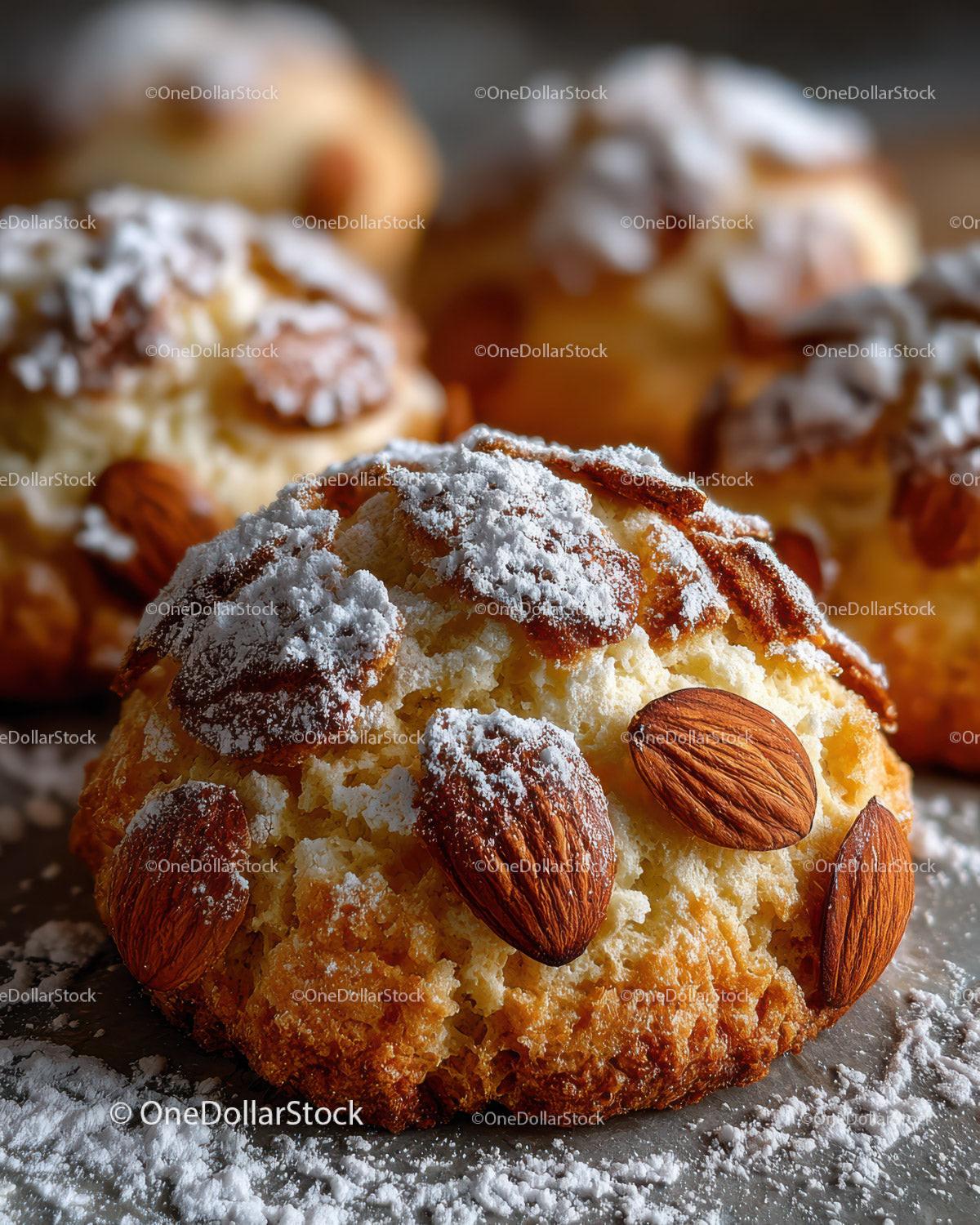 Golden Cream Puffs with Powdered Sugar and Almond Garnish for Dessert Stock Photo Bundle preview 5