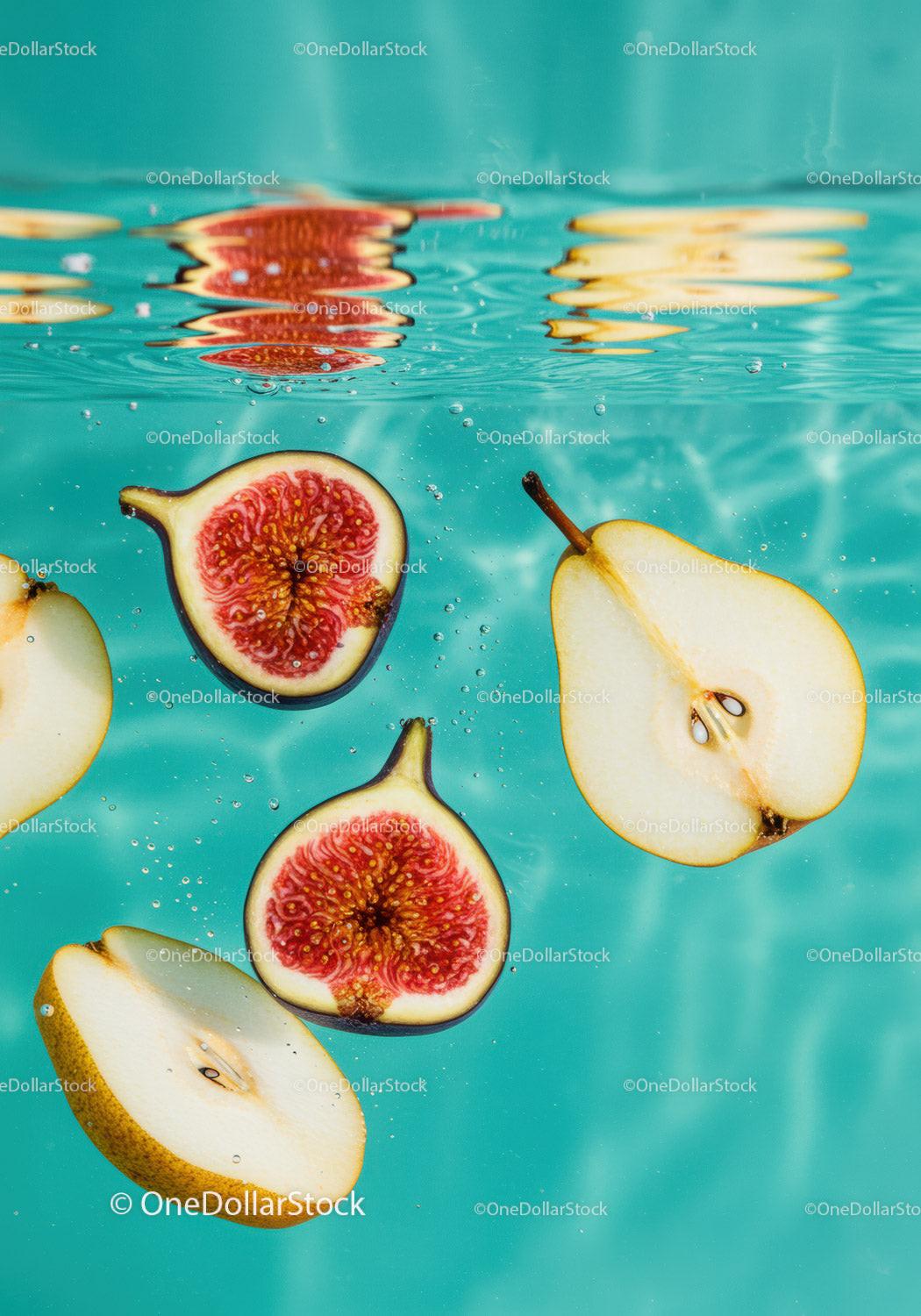 Fresh fig and pear slices floating in clear water