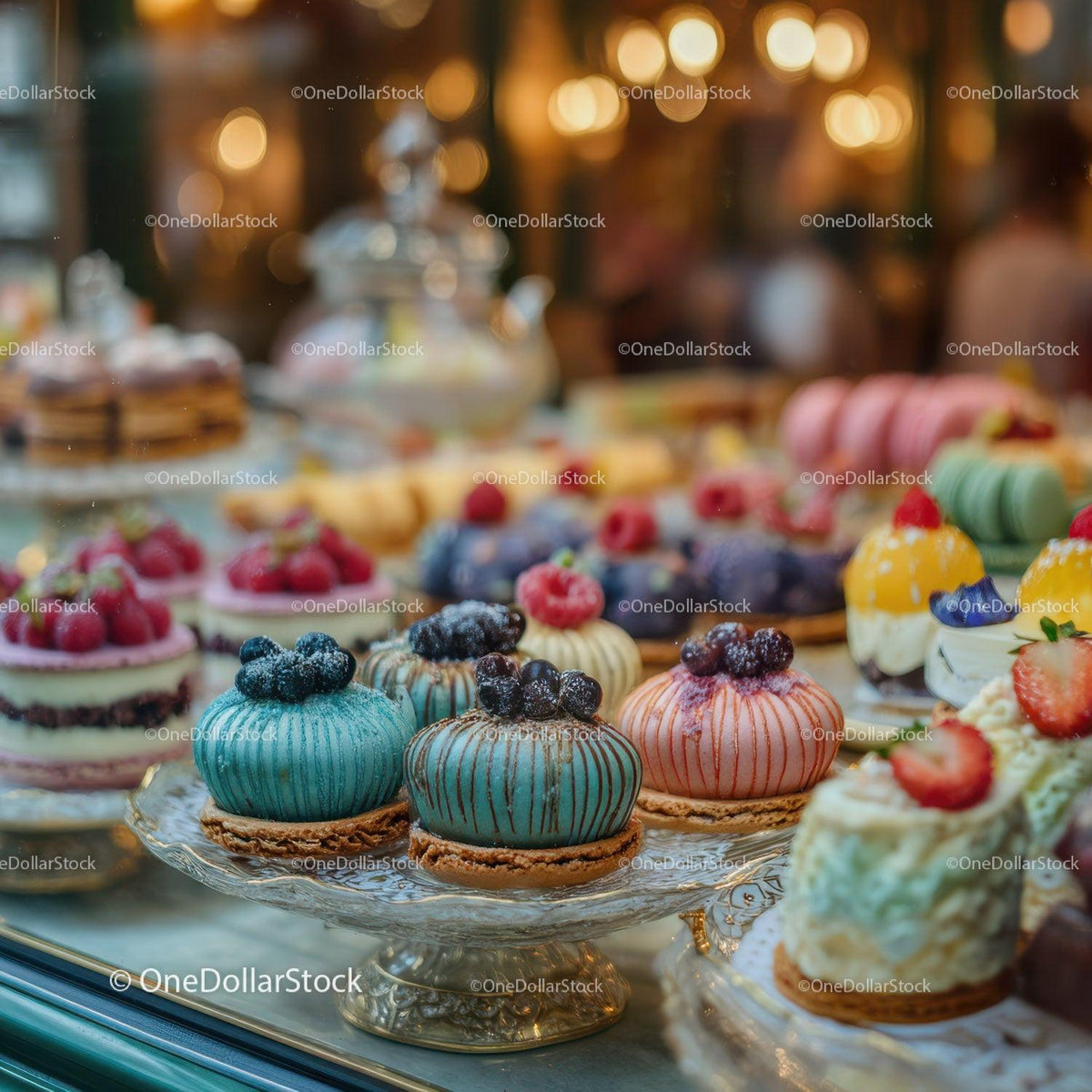 Colorful Mini Cakes and Pastries on Elegant Pastry Display