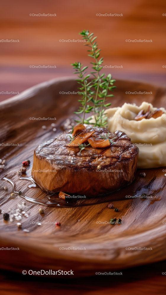 Gourmet Seared Filet Mignon with Mashed Potatoes and Herb Garnish
