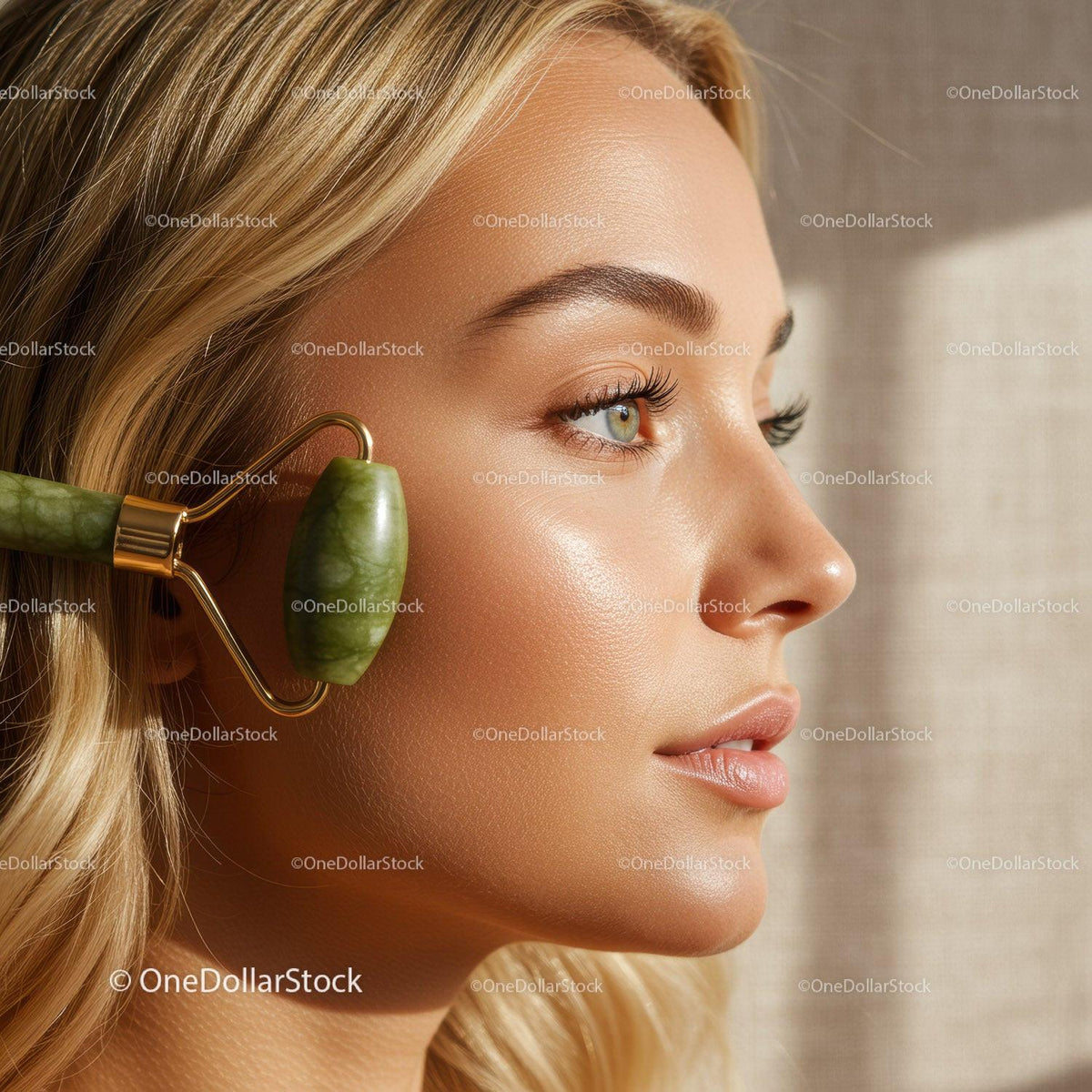 Close Up of a Woman Receiving Facial Massage with Jade Roller for Glowing Skin