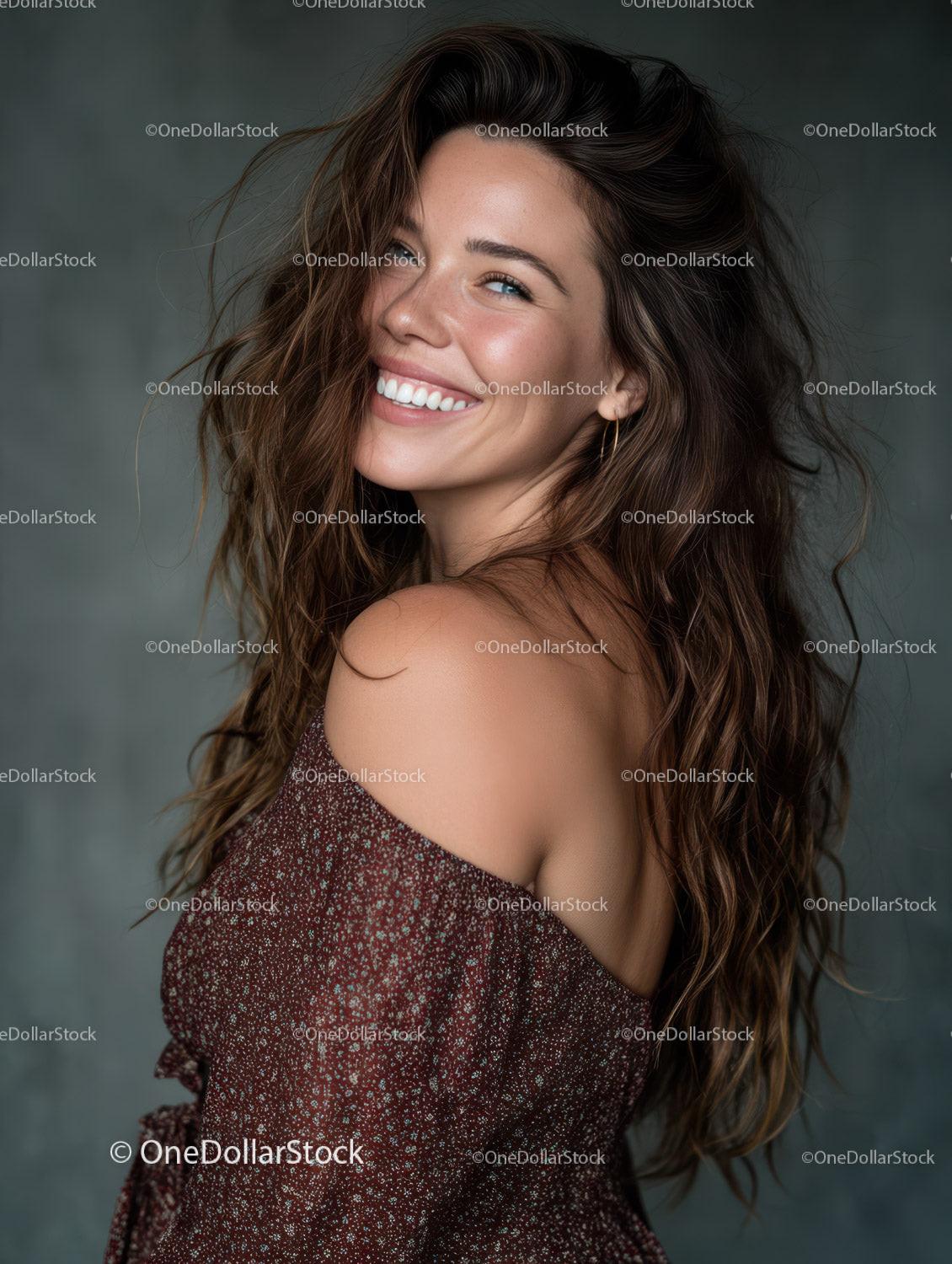 Vibrant Young Woman with Wavy Hair and Bright Smile