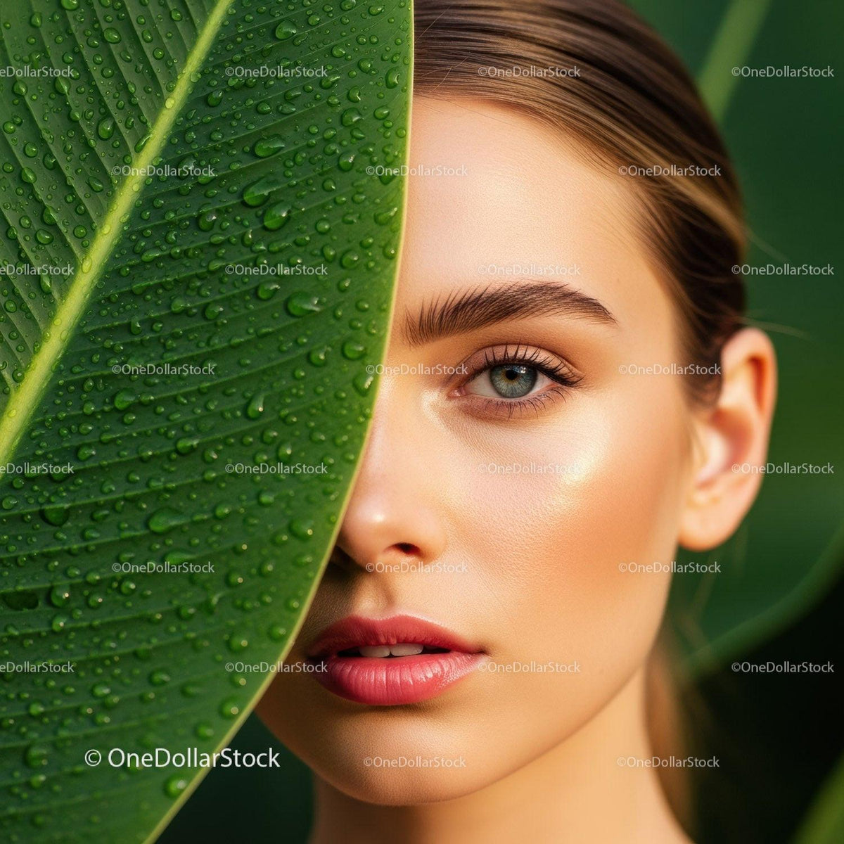 Young Woman with Flawless Skin and Tropical Leaf in Nature