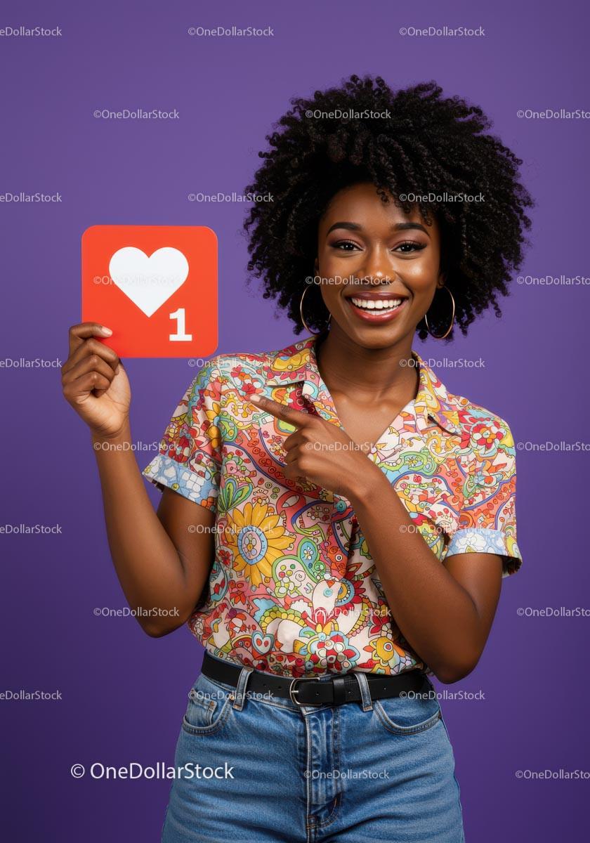Smiling Woman Holding Heart Sign with Colorful Shirt Against Purple Background Stock Photo Bundle preview 51