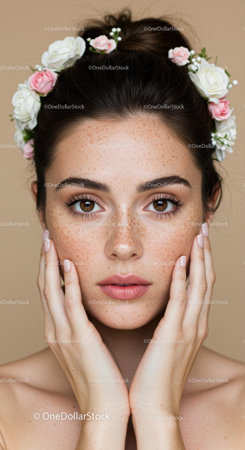 Young Woman with Freckles and Floral Headband in Natural Light Portrait