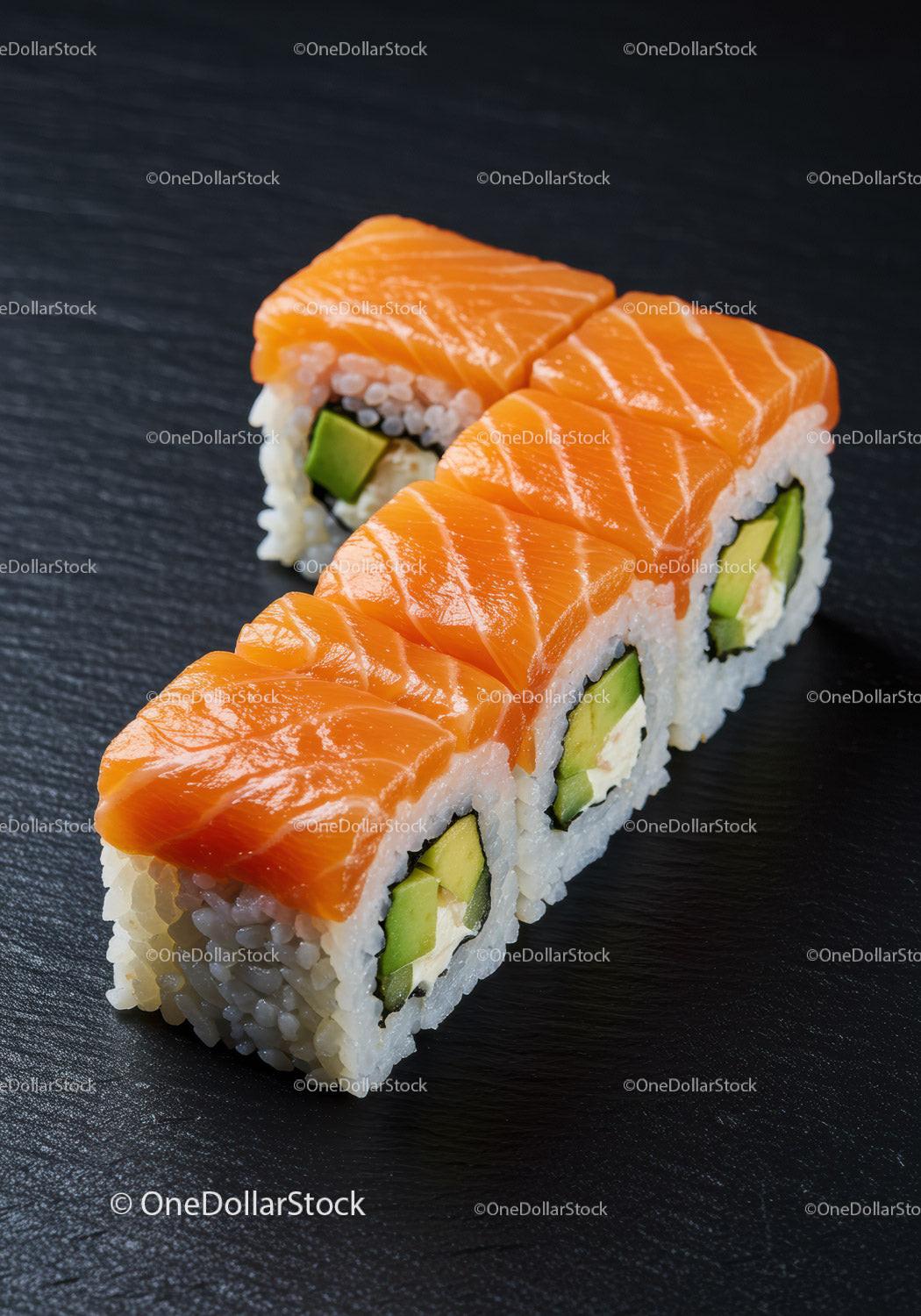 Fresh salmon sushi rolls with avocado on black slate