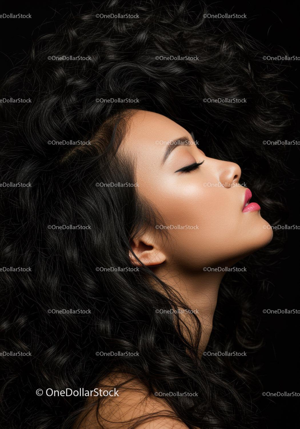 Profile of woman with voluminous curly black hair