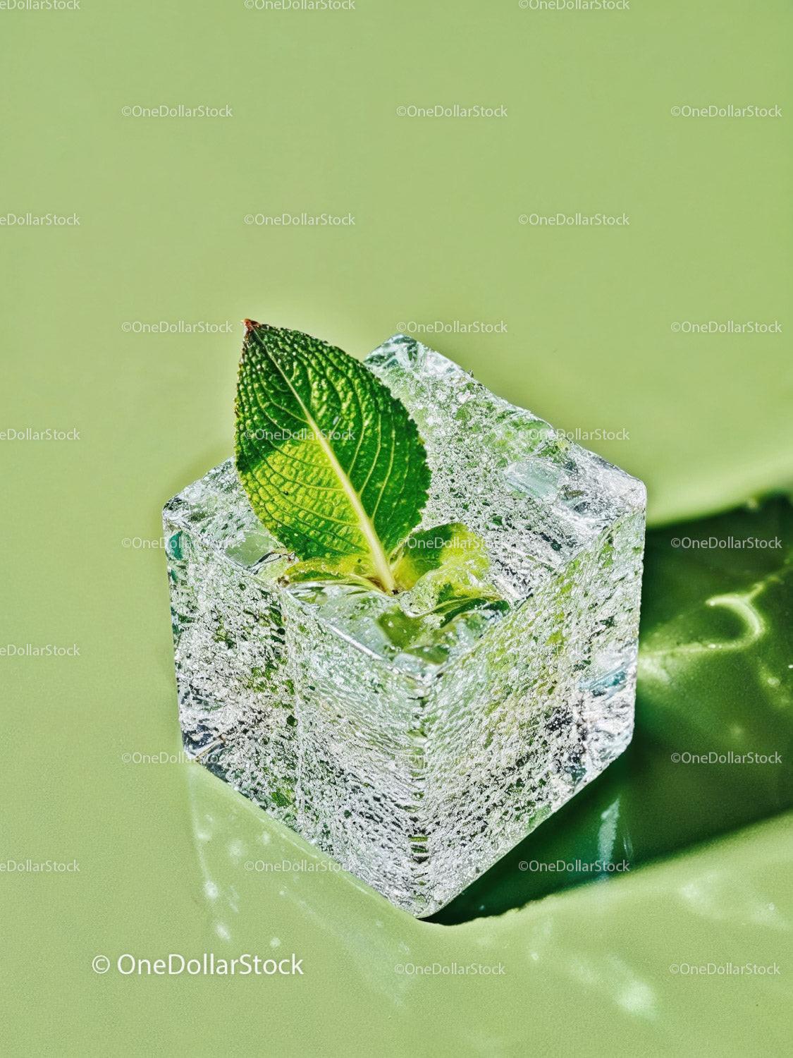 Fresh green mint leaf embedded in melting ice cube
