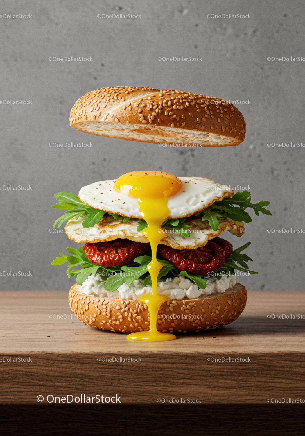 Savory breakfast sandwich with runny egg yolk dripping