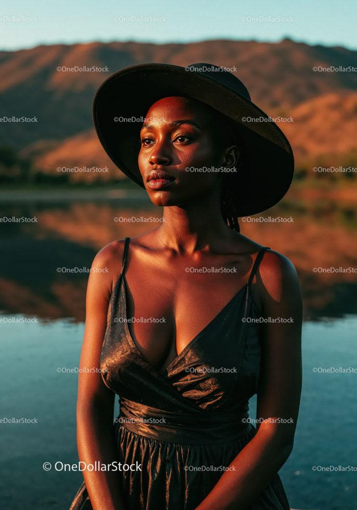 Elegant Woman in Black Dress and Wide-Brim Hat by Lake at Sunset