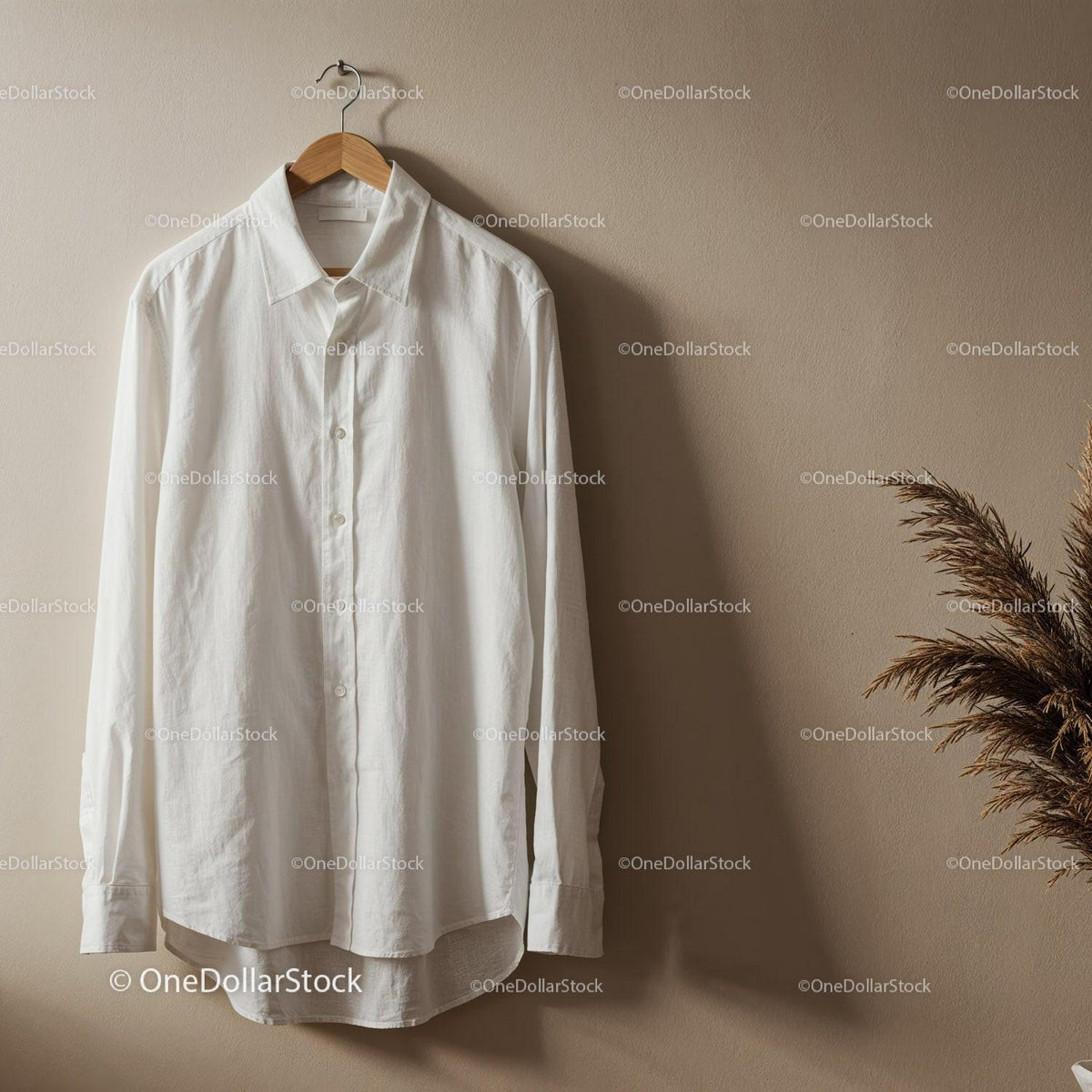 Crisp White Shirt Hanging on Wooden Hanger JPG Mockup Image preview