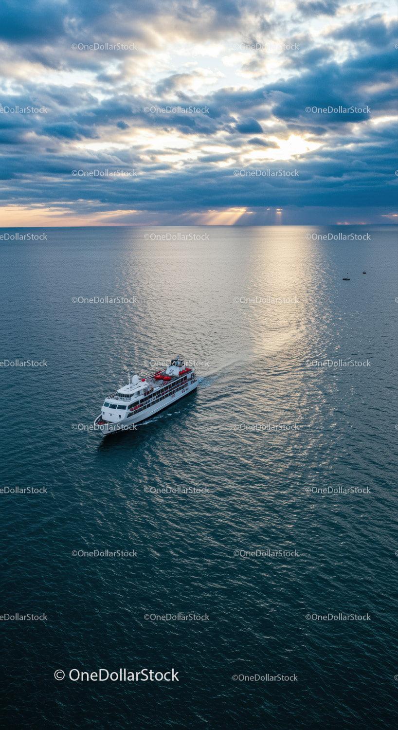 Luxury Yacht Sailing on Calm Ocean with Dramatic Sunset Sky