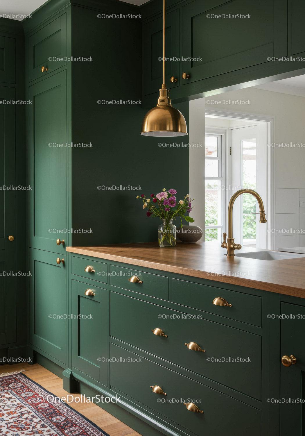 Elegant Green Kitchen Cabinets with Brass Hardware and Wooden Countertop